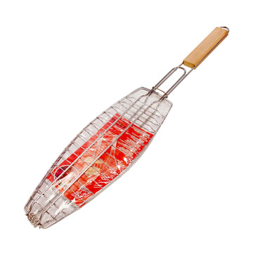 Metal Meat Fish Roasting BBQ Basket Grill with Wooden Handle 15 x 43 cm 1243 / 9997 (Parcel Rate)