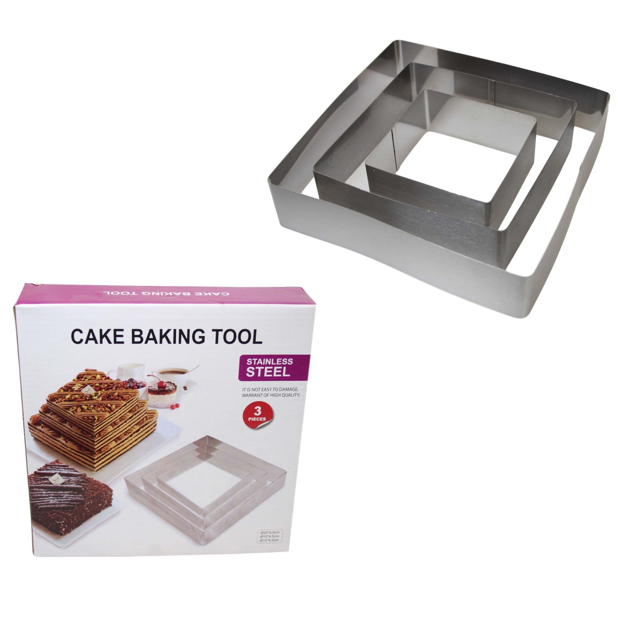 Stainless Steel Cake Baking Tool 3 Pack Square Large Medium Small Cake Bake 5918 (Parcel Rate)