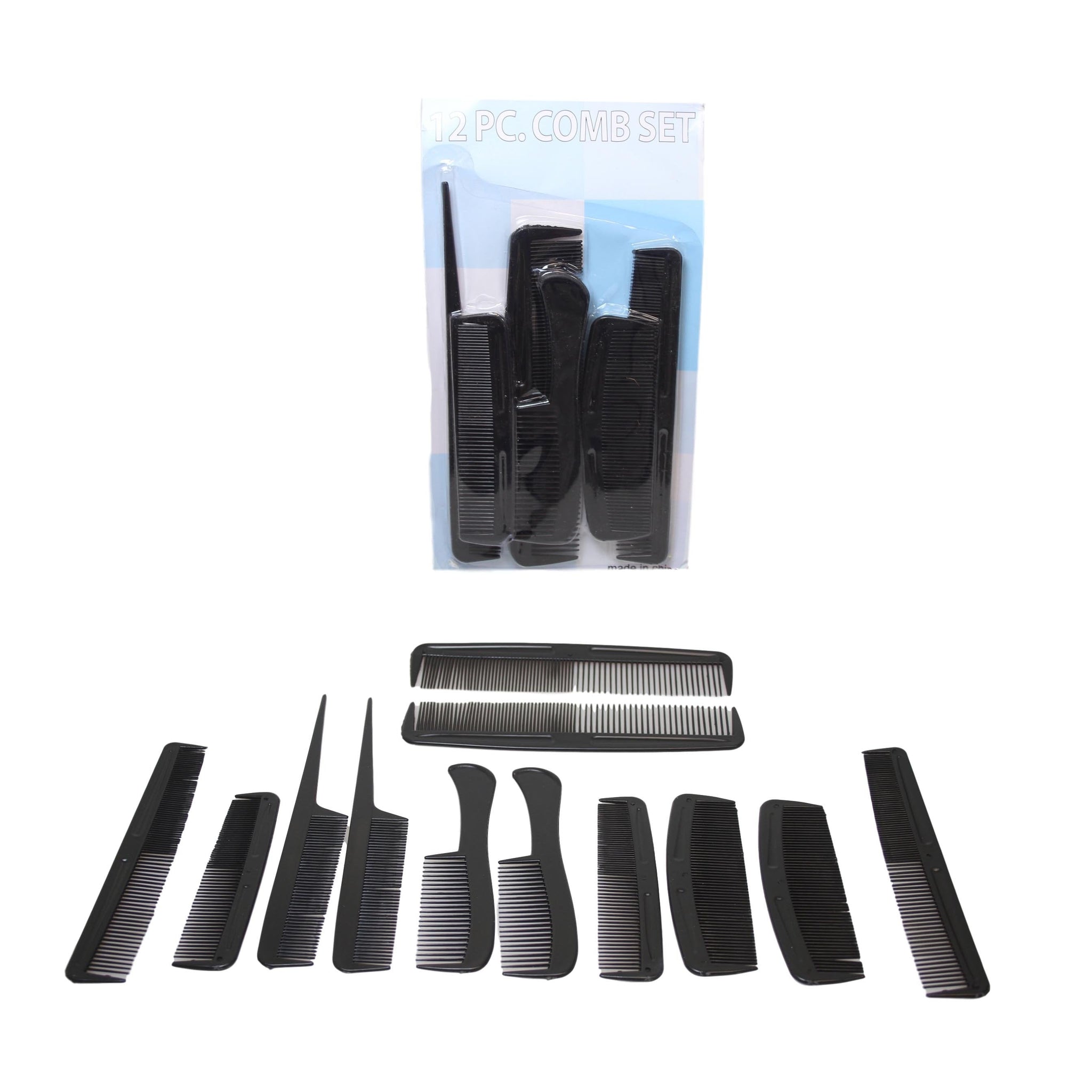 Black Plastic Hairdresser Barber Salon Comb Set of 12 Assorted Combs 6017 (Large Letter Rate)