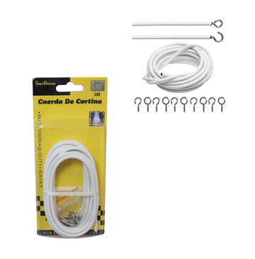 Net Curtain Wire White Window Cord Cable With Hooks Indoor Outdoor 3m Cable 6094 (Parcel Rate)