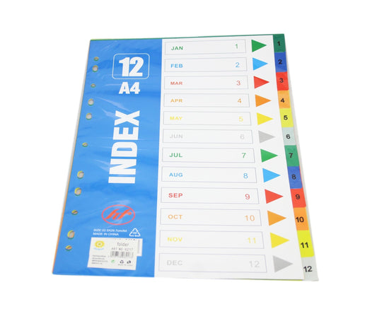 A4 Folder Dividers Subject Punched Index Colour Sheets File Dividers 12 Pack 6217 (Large Letter Rate)