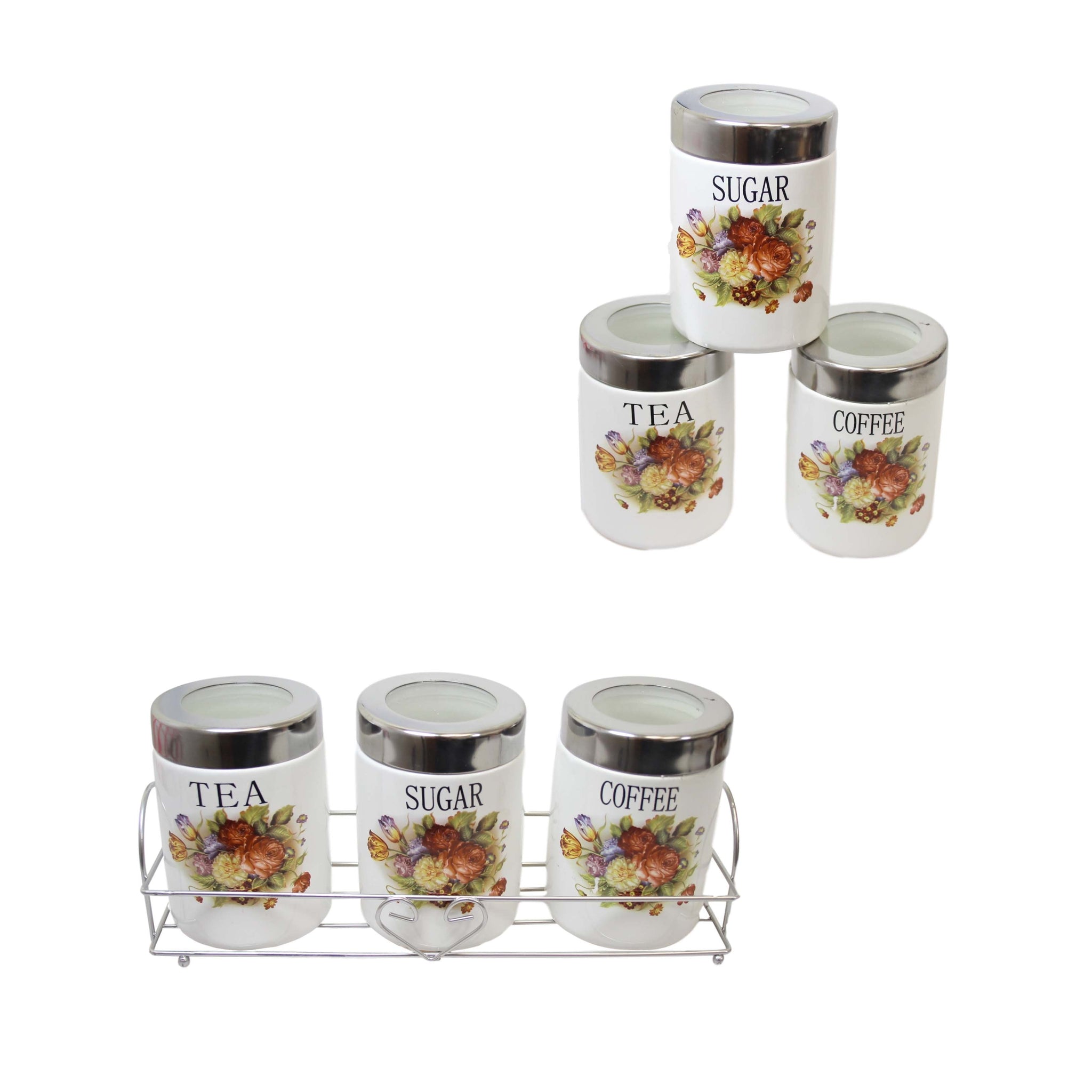 Kitchen Sugar Tea Coffee Storage Cannisters Jars with Floral Print 11 x 8 cm Set of 3 440 (Parcel Rate)