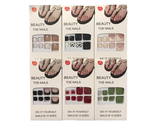 Artificial Fake Toe Nail Extensions with Nail Glue Adhesive Tabs Assorted Designs 7311 (Parcel Rate)