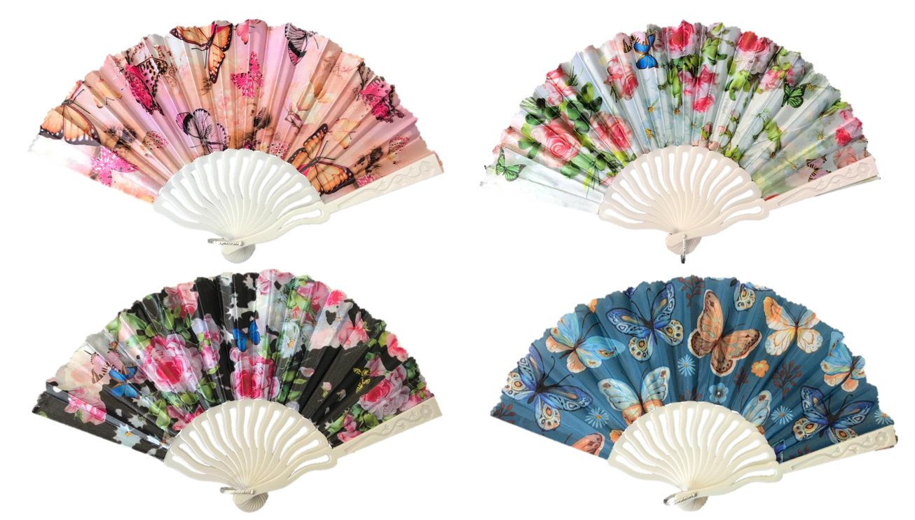 Plastic Chinese Folding Hand Fan Butterfly Floral Design 23 x 38 cm Assorted Colours 7349 (Parcel Rate)