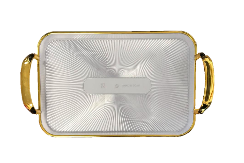 Rectangular Transparent Plastic Serving Tray with Gold Rim and Handles 26 x 38 cm 7351 (Parcel Rate)