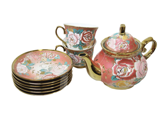 Teapot and Tea Cup Set with Saucers and Stand Set of 13 Assorted Designs 7517 (Parcel Plus Rate)