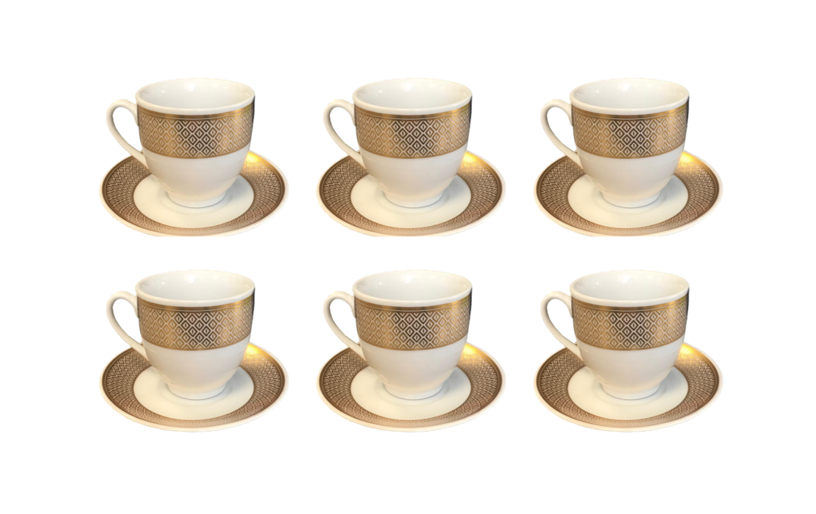 Coffee Tea Cup Set with Saucers Set of 12 Gold / White Assorted Designs 7518 (Parcel Plus  Rate)