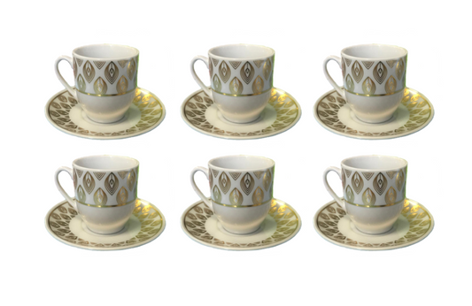 Coffee Tea Cup Set with Saucers Set of 12 Gold / White Assorted Designs 7518 (Parcel Plus  Rate)