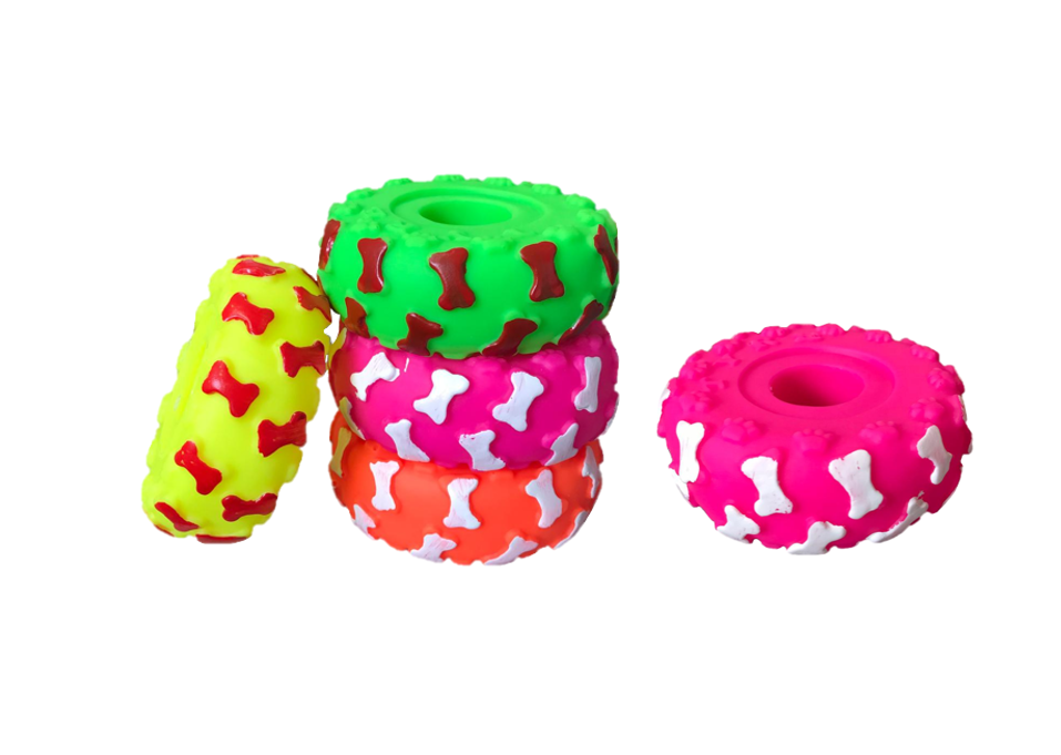 Pet Dog Toy Squeaky Wheel Tyre with Bone Print 9cm Assorted Colours 7828 (Parcel Rate)