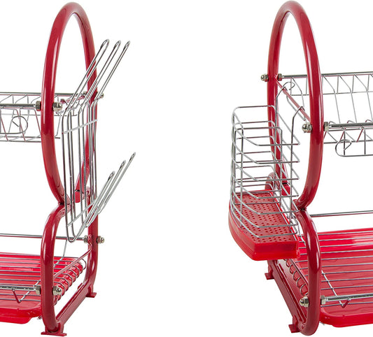 2 Tier Kitchen Dish Drainer Metal and Plastic Red 53741 (Big Parcel Rate)