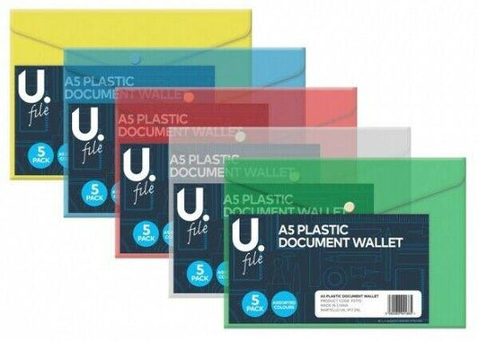 A5 Plastic Document File Wallet Pack of 5 Assorted Colours P2770 (Large Letter Rate)