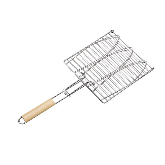 Metal Meat Fish Roasting BBQ Basket Grill with Wooden Handle 38 x 38 cm 4532 / 9998 A (Parcel Rate)