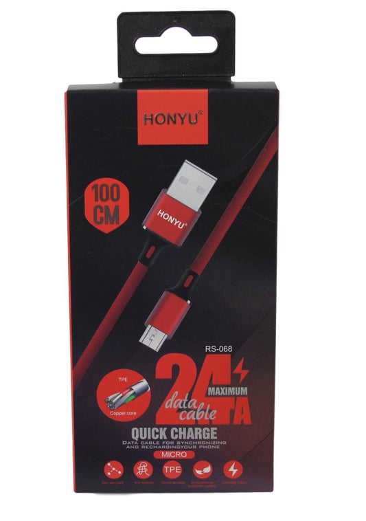 Honyu Phone Charger Cable Micro USB 100cm Assorted Colours 5481 (Parcel Rate)