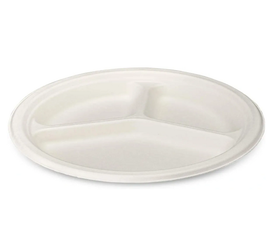 Disposable Compostable Eco-Bio Bagasse Sugarcane 3 Compartment Plates 9" Pack of 25 EC1680 (Parcel Rate)