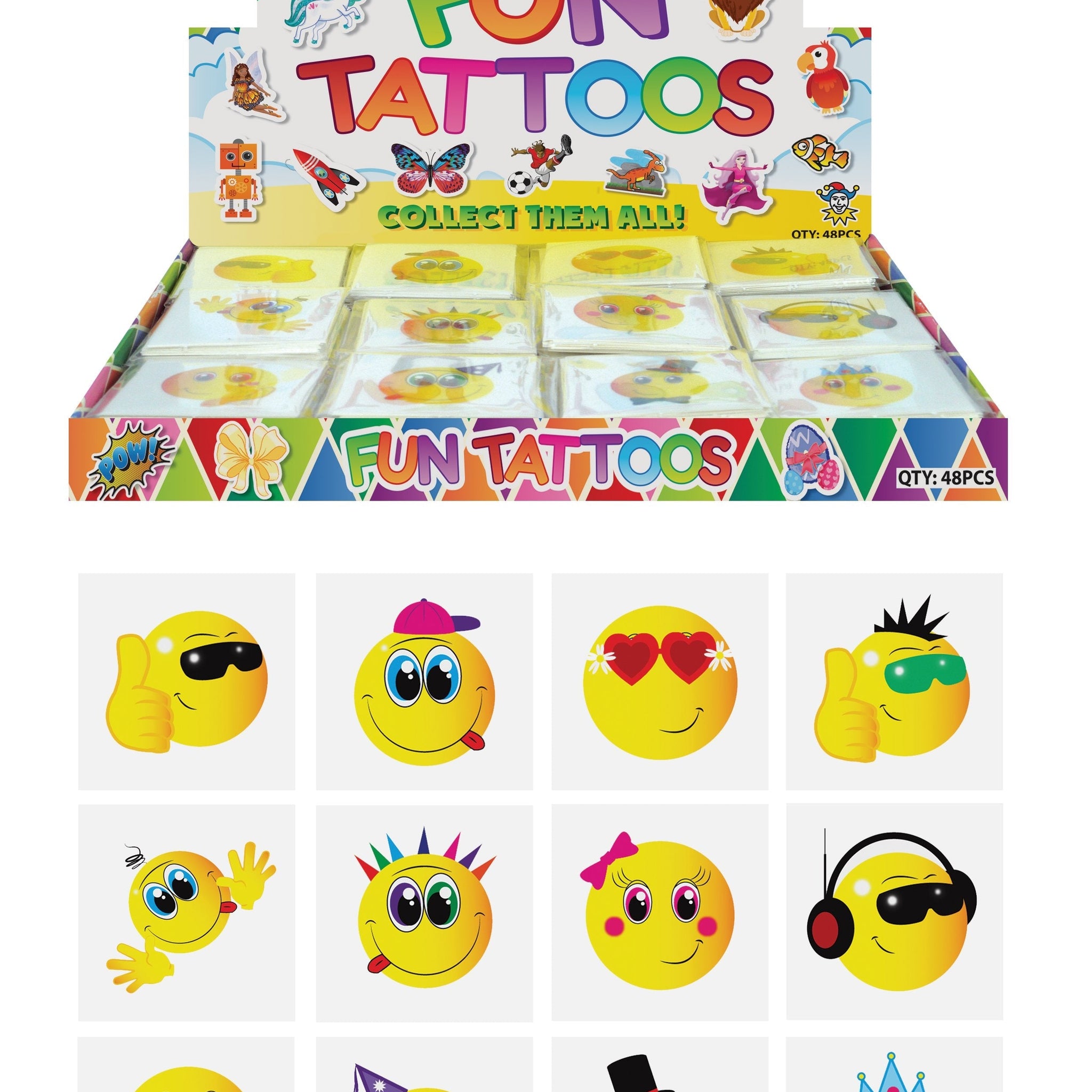 Children's Emoji Style Assorted Faces Mini Tattoos 12 Assorted Designs N51043 (Parcel Rate)