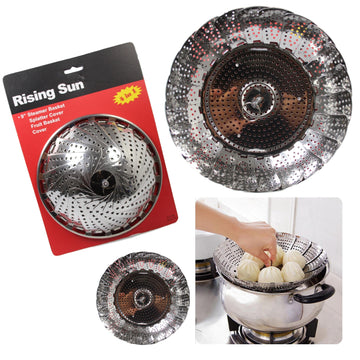 Vegetable Steamer Food Basket Bowl Cooker Strainer Stainless Folding Mesh Dish 9'' 5207 (Parcel Rate)