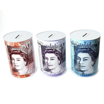 MTL250 Large Pound Note Coin Money Tin Box 17 x 22cm Assorted Designs King / Queen 2296 / TIN006 A (Parcel Rate)