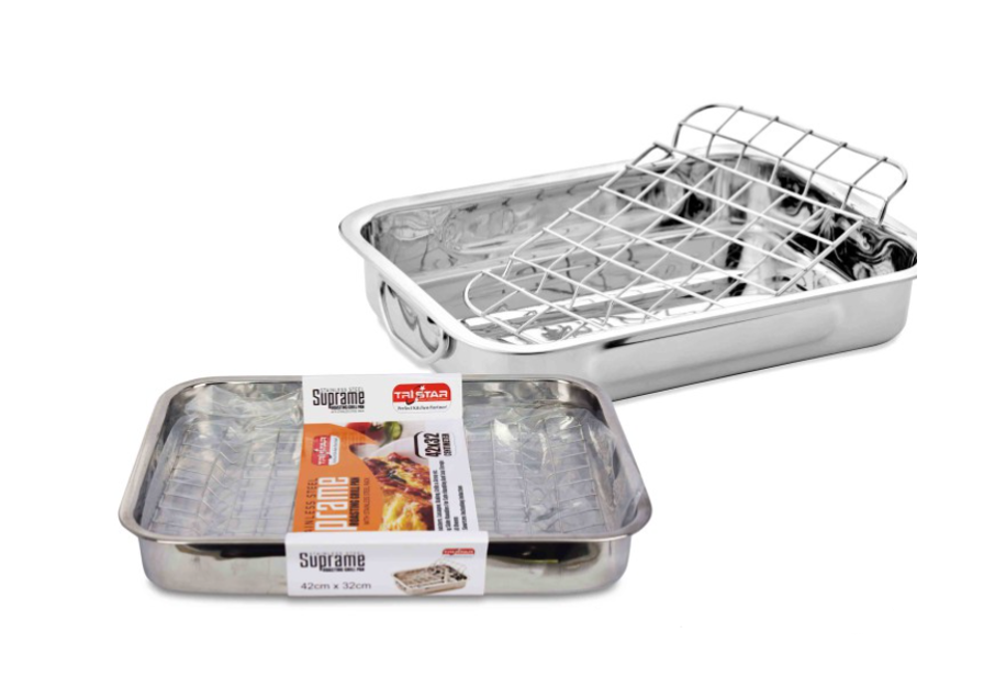 Stainless Steel Roasting Lasagne Tray Grill Pan with Handless and Rack 42 x 32 cm TS34612 / 31746 (Parcel Rate)