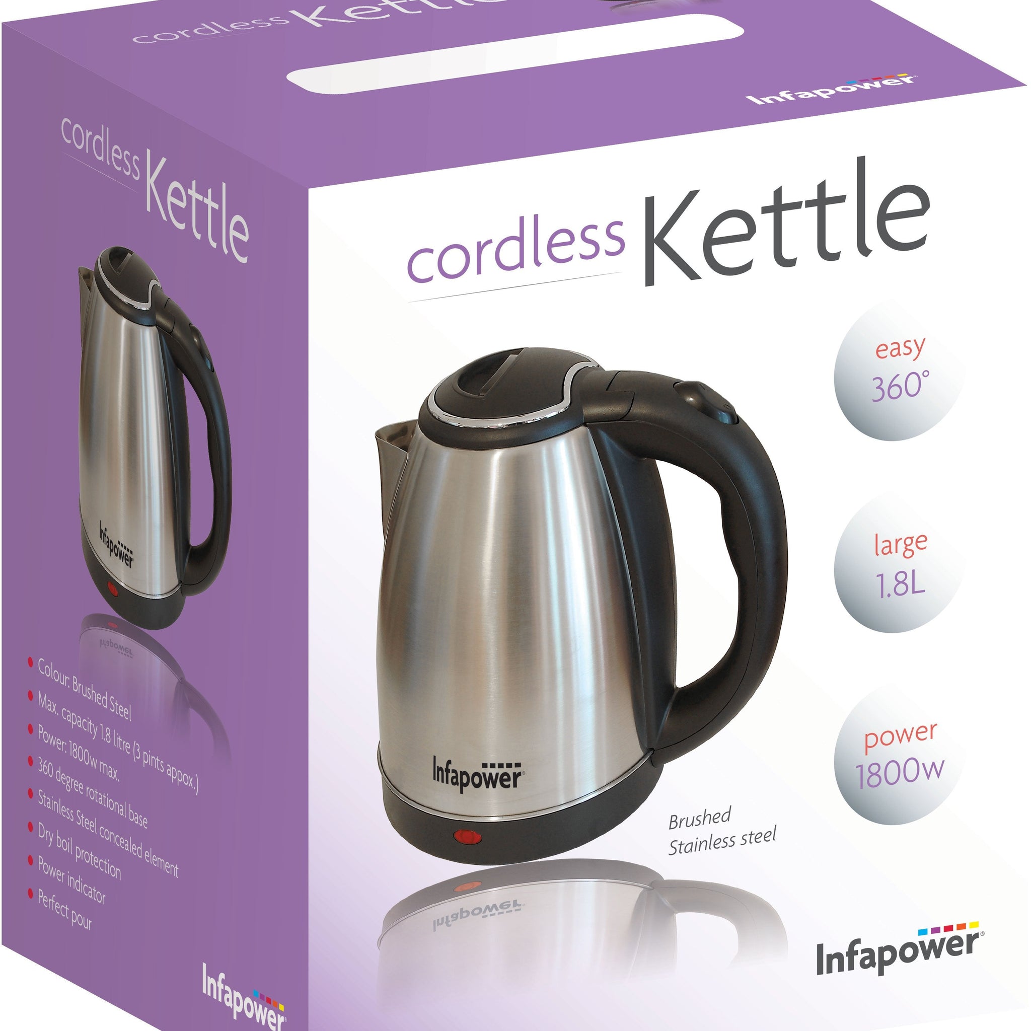 Infapower Brushed Stainless Steel Cordless Kettle 1800W 1.8L X503 (Parcel Rate)