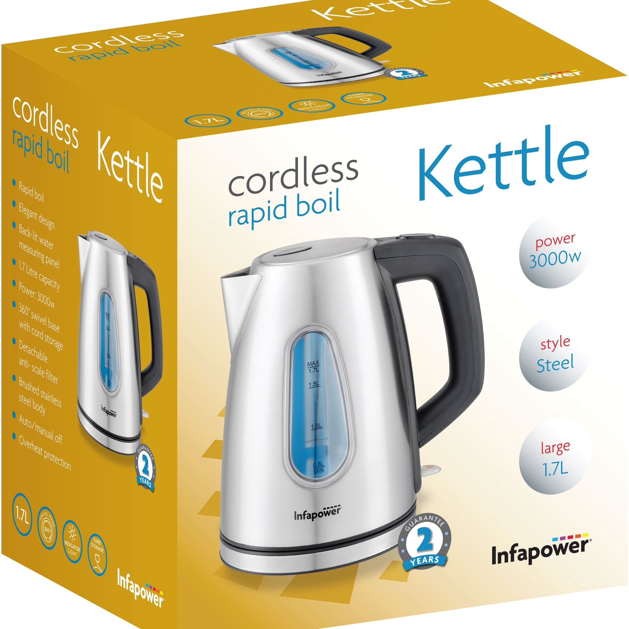 Infapower Cordless Rapid Boil Steel Kettle 3000W 1.7L X504 (Parcel Rate)