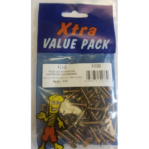 4.0 x 20 Pozi c/sk Chipboard Screws Yellow Diy Xtra Value 0339 (Large Letter Rate)