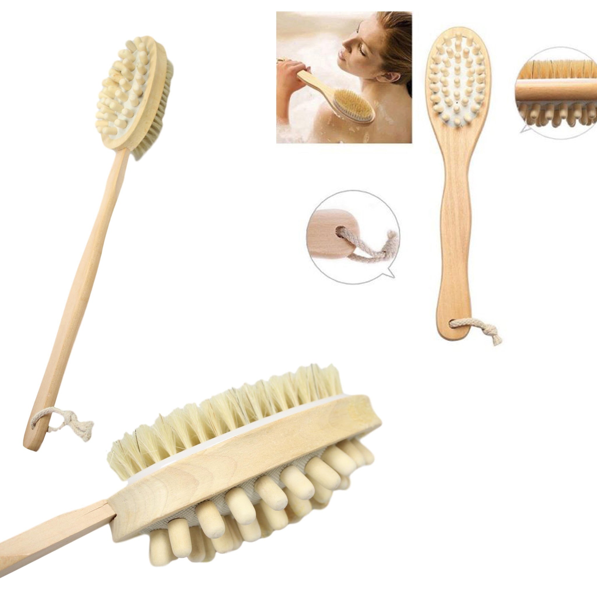 Bath Brush Long Wood Double Sided Handle Body Shower Bristle Massage 40cm 5232/ST1069 (Parcel Rate)