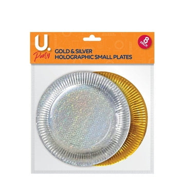 Holographic Small Paper Plates Gold and Silver Pack of 8 P1401 (Large Letter Rate)