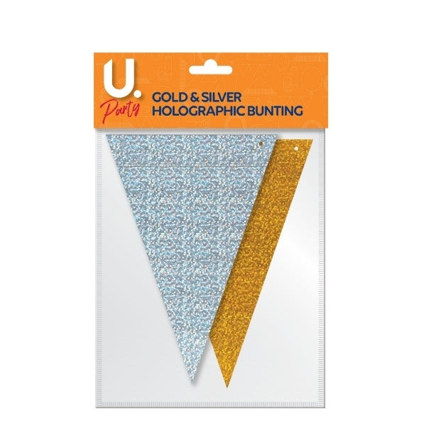 Holographic Paper Party Tri Cut Bunting Banner Garland Gold and Silver P1408 (Large Letter Rate)