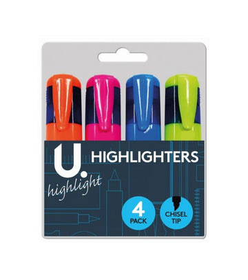 Assorted Colour 4 Pack Highlighters Chisel Tip School Office Highlighters P2317 (Large Letter Rate)