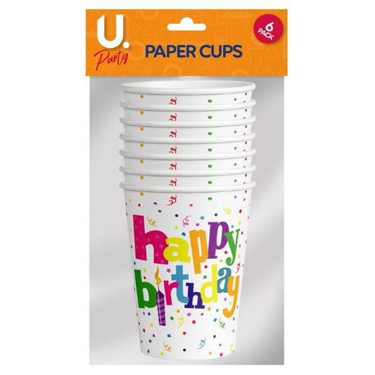 Happy Birthday Party Paper Drinking Cups Pack of 6 P2704 (Parcel Rate)