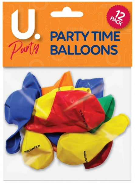 12 Pack High Quality 'It's Party Time' Party Balloons Assorted Colours P2742 (Large Letter Rate)