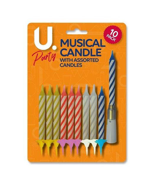 Birthday Musical Cake Candles with Holders Pack of 10 Assorted Colours P2756 (Parcel Rate)