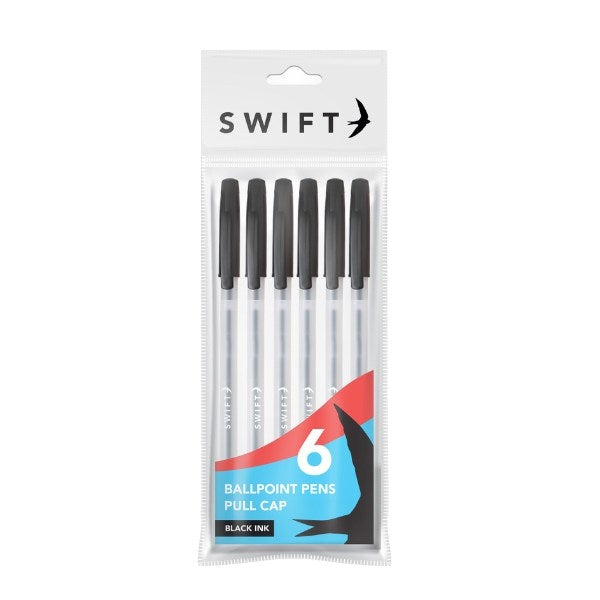 Pull Cap Ballpoint Pens 6pk Black Ink P3098 (Parcel Rate)