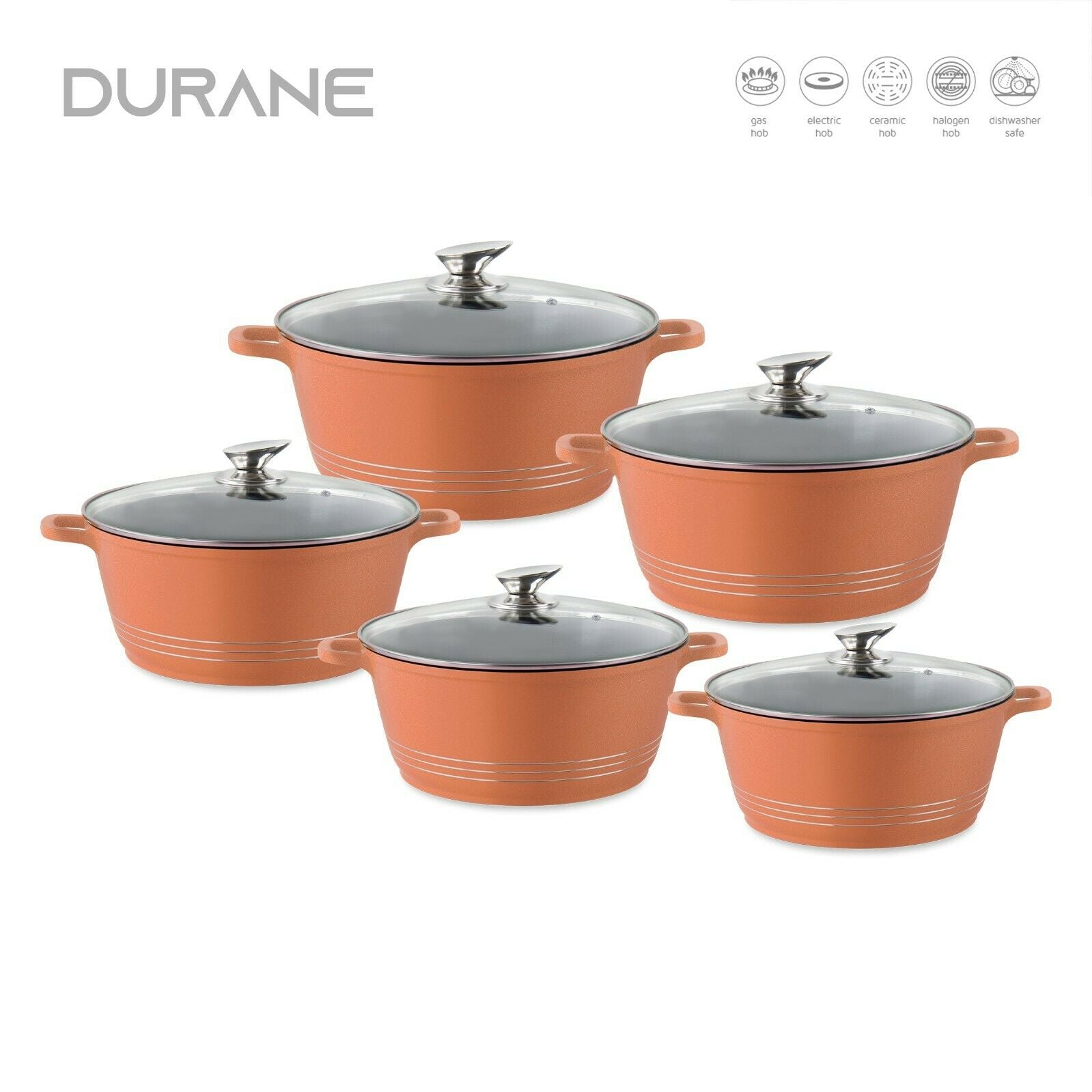 Durane Copper Die Cast Stock Pot Set Of 5 Stainless Steel Non Stick Coating With 2 Handles 20-24-28-30-32cm 9630 (Big Parcel Rate)