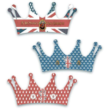 Coronation "His Majesty King Charles III" Vintage Style Paper Crowns Pack Of 6 Assorted Designs 850129 (Parcel Rate)