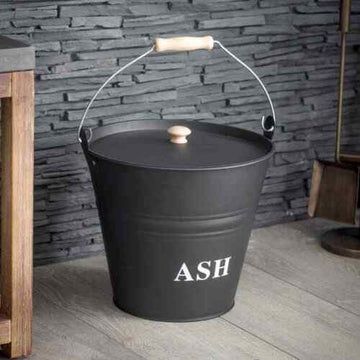 Black Fireside Metal Ash Bucket With Lid And Handle 10L Large Log Holder 1013 (Parcel Rate)p