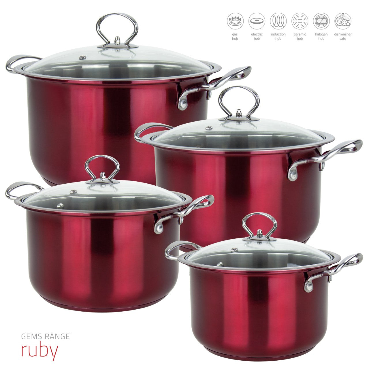 Gems Stainless Steel Stockpot Set 4pc Ruby 18-20-22-24cm 9577  (Big Parcel)